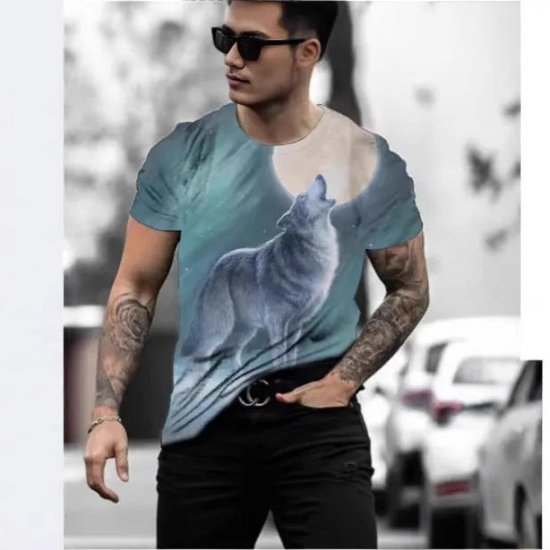 Retro 3D animal print design on a men's light grey short-sleeved t-shirt.