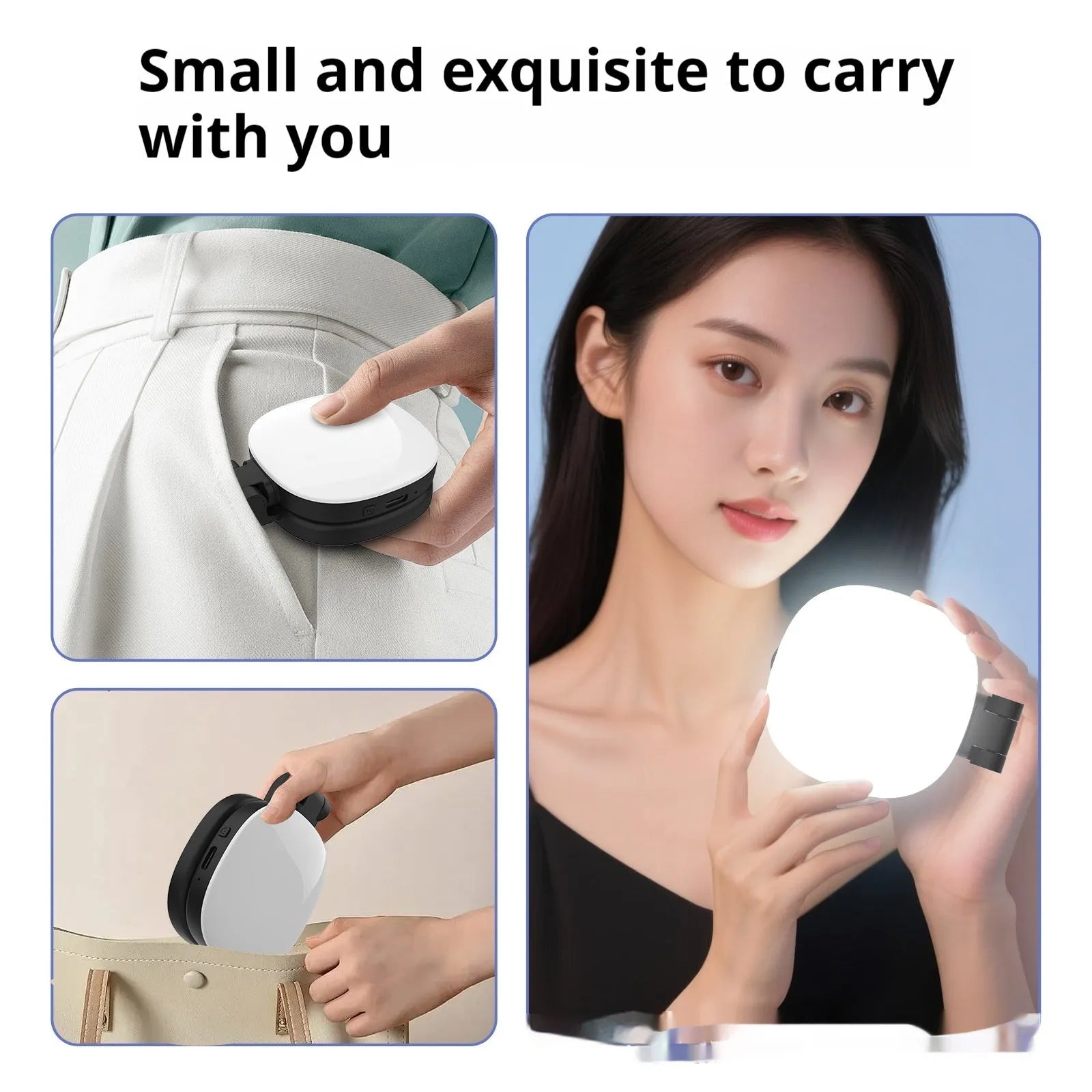 Black and white mini magnetic fill light for mobile phone with adjustable phone holder.