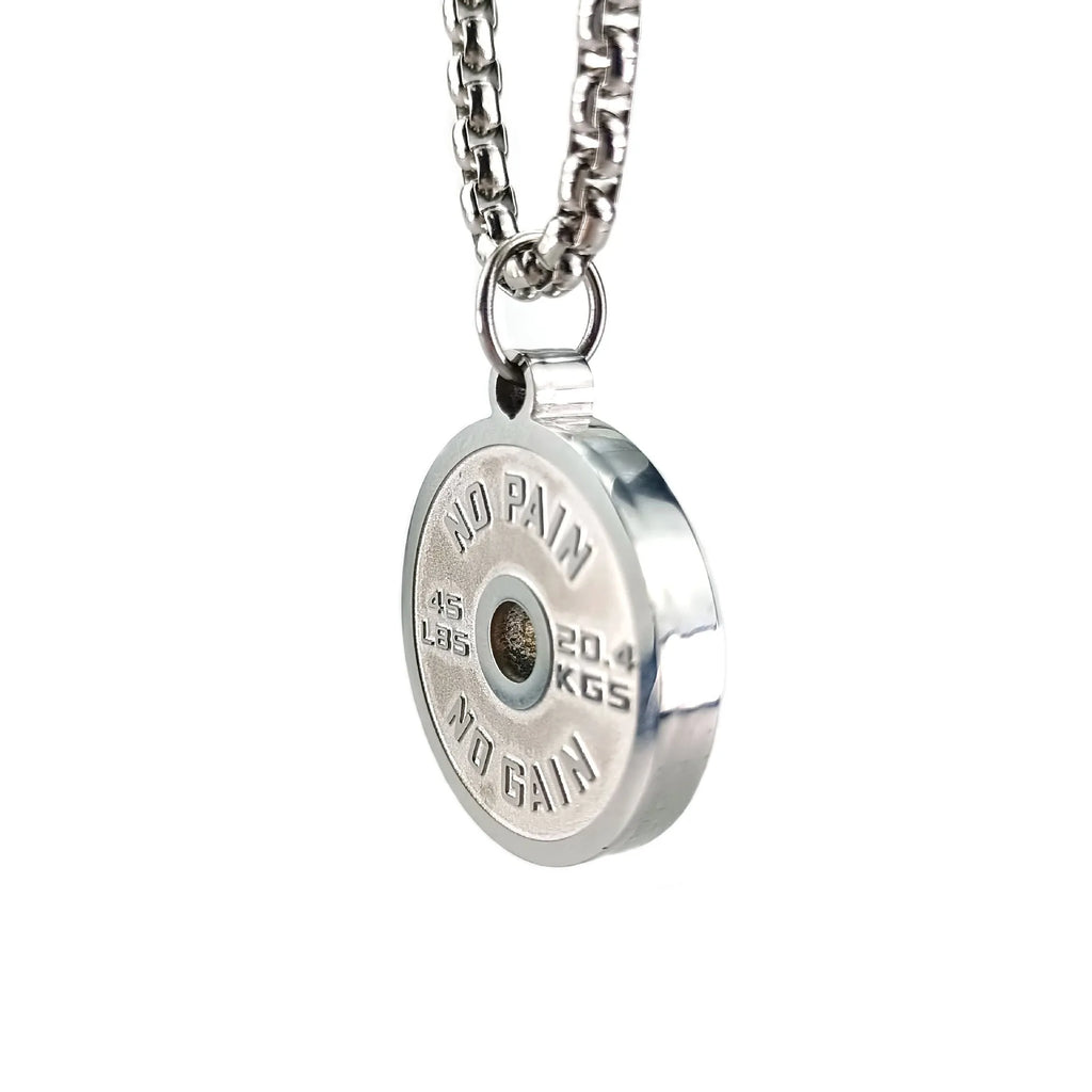 Stainless steel barbell disk pendant necklace with geometric design on 60cm chain