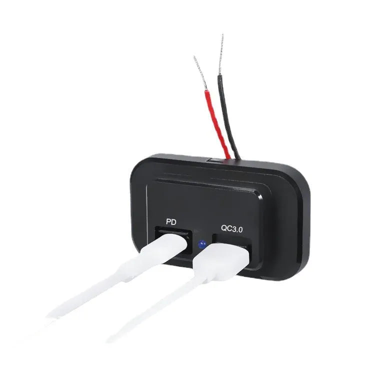 Black QC3.0 PD car charger with TYPE-C port for 36W fast charging in vehicles