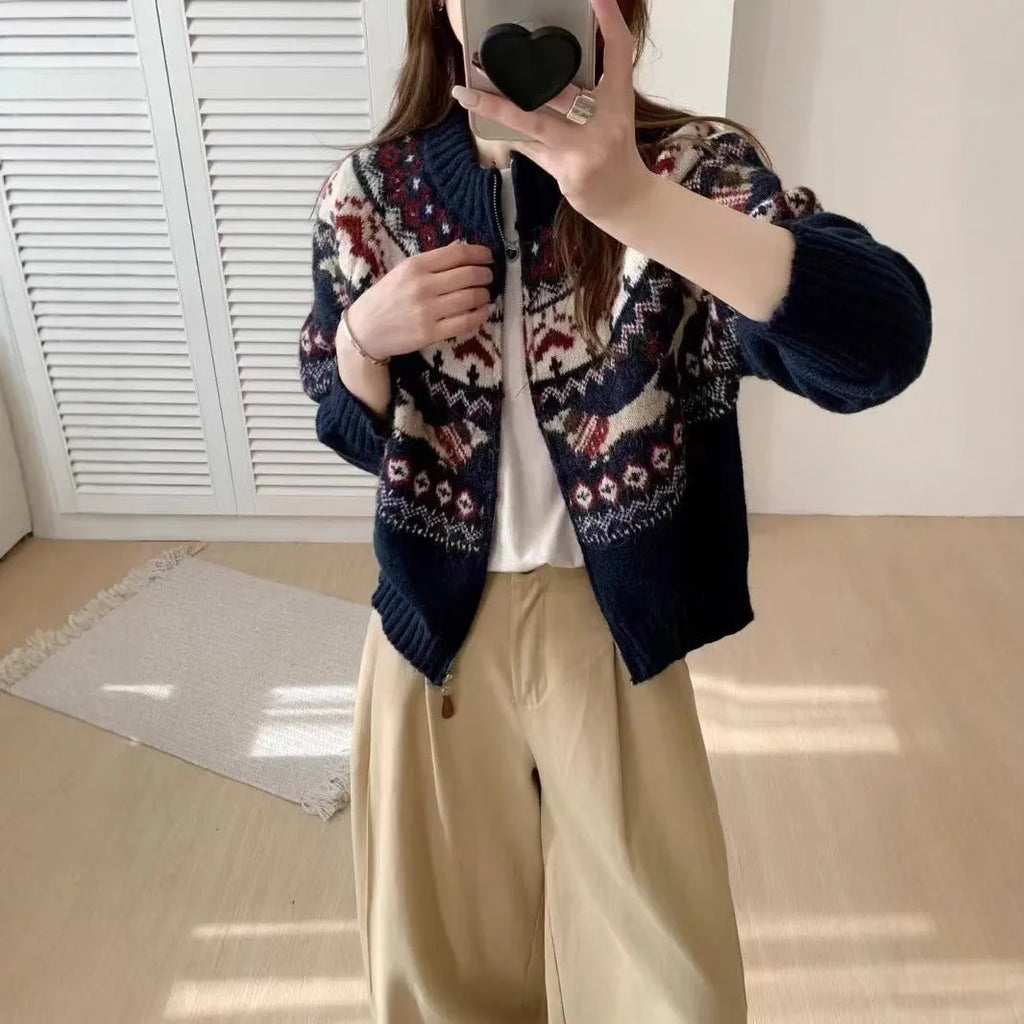 Ethnic style heavy industry jacquard round neck pullover sweater with 3D effect pattern in beige apricot or navy blue loose fit