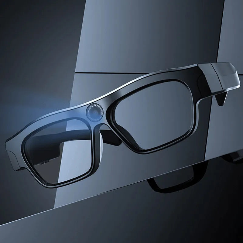 Black head-mounted smart Bluetooth glasses with transparent lenses for video recording