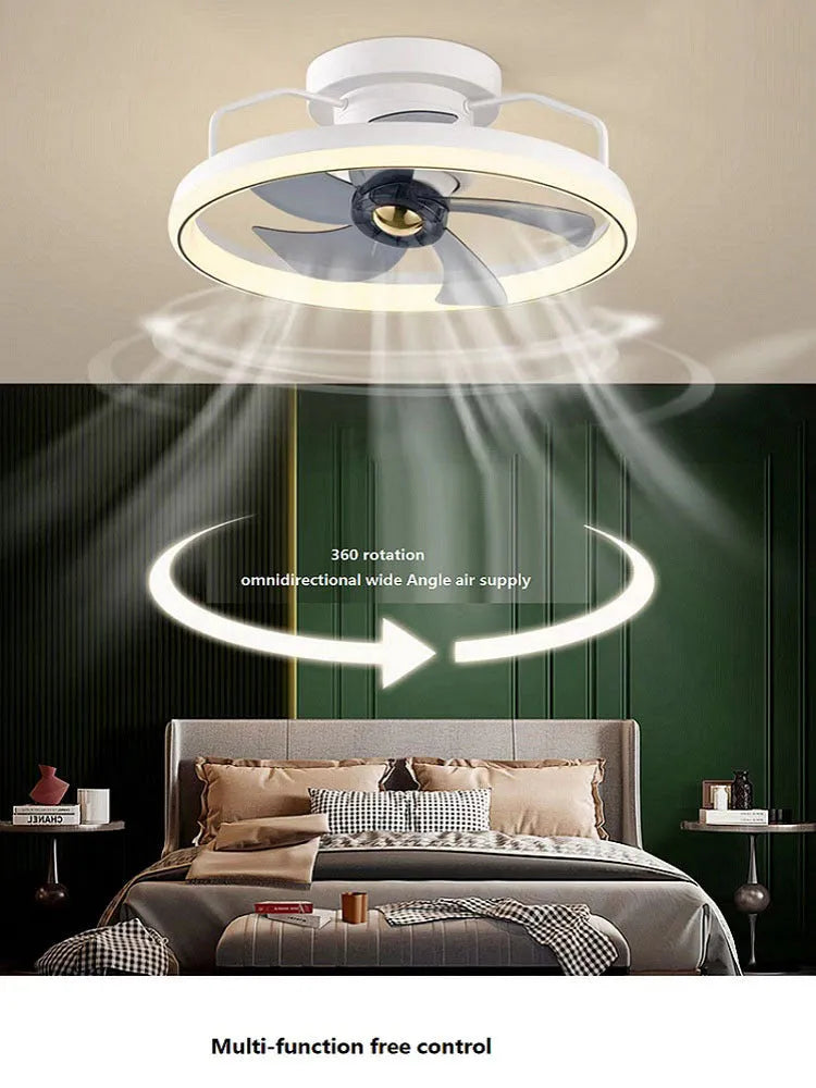 Modern white ceiling fan light with acrylic lampshade and five polycarbonate blades.