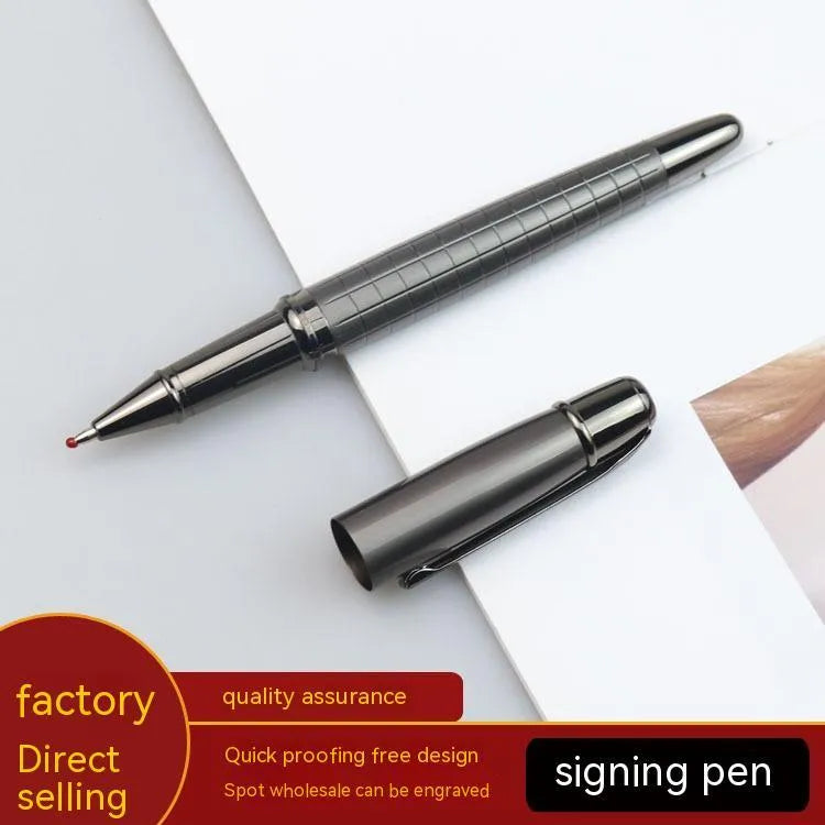 Gun grey metal roller pen measuring 13.5cm with water-based paint refill