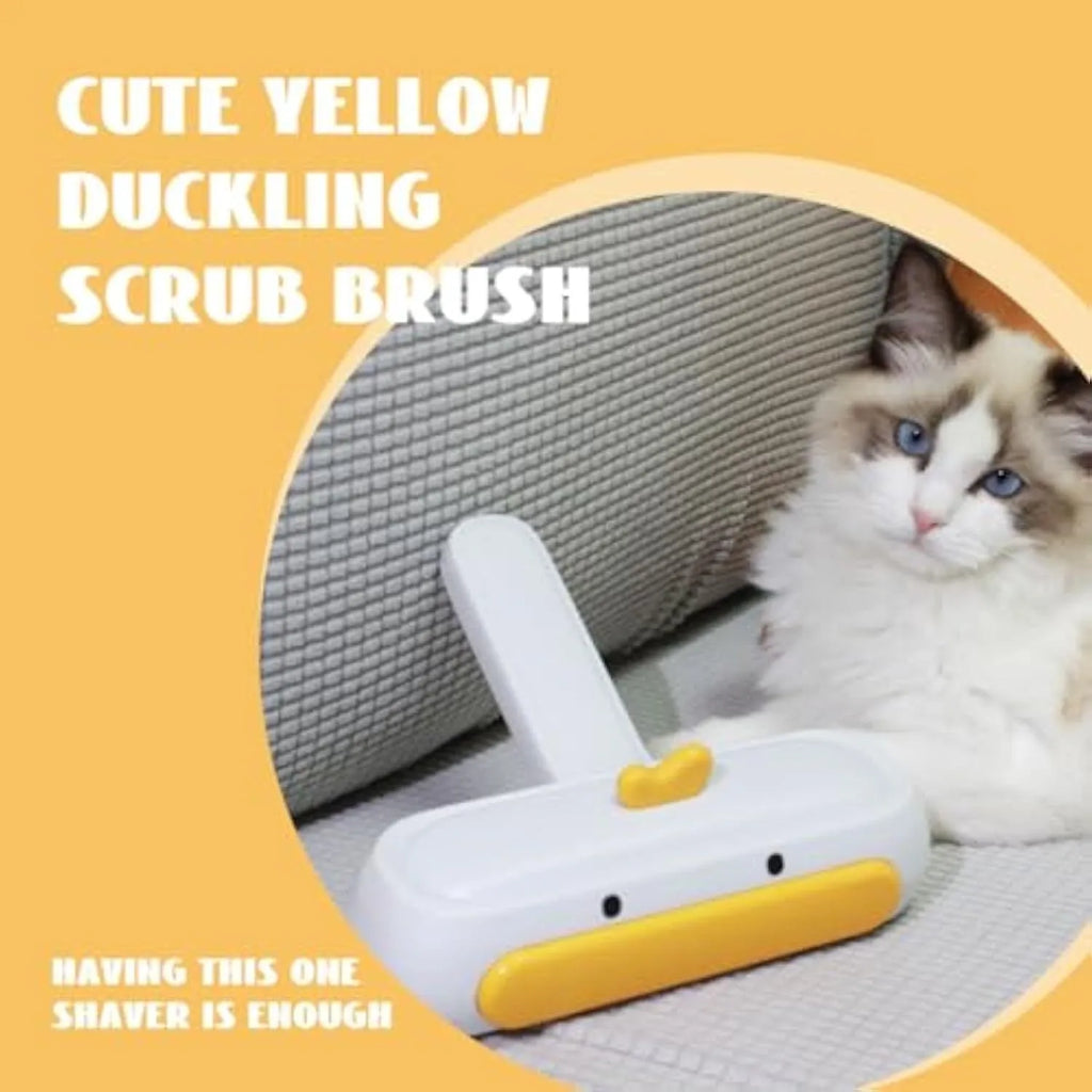 White portable pet hair remover with yellow duck design and polyester bristles for cleaning furniture
