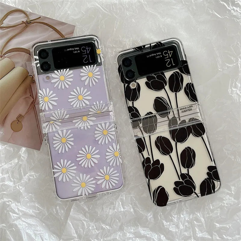 Floral phone case for Samsung Galaxy Z Flip with daisy or tulip patterns on PC material