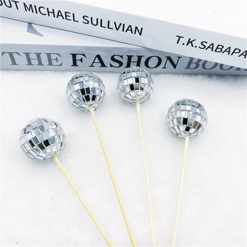 Glass disco ball cake decoration with wooden stick in various sizes for birthday cakes