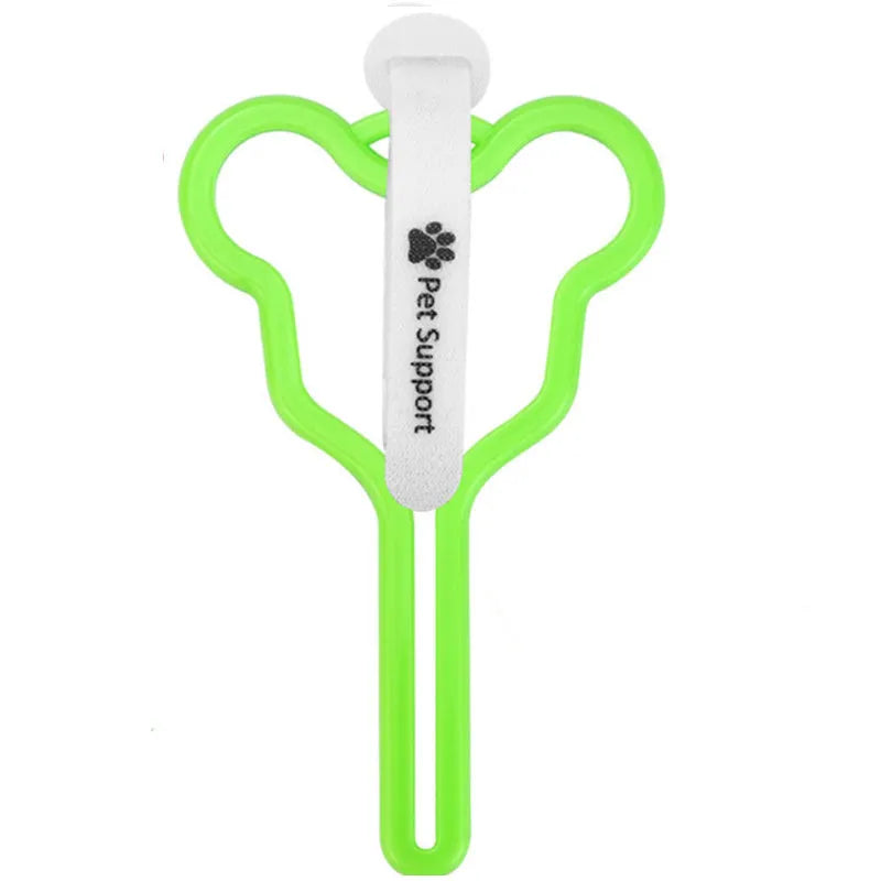 A hands-free dog poo bag holder with a fixed clip and adjustable Velcro strap attached to a dog lead.