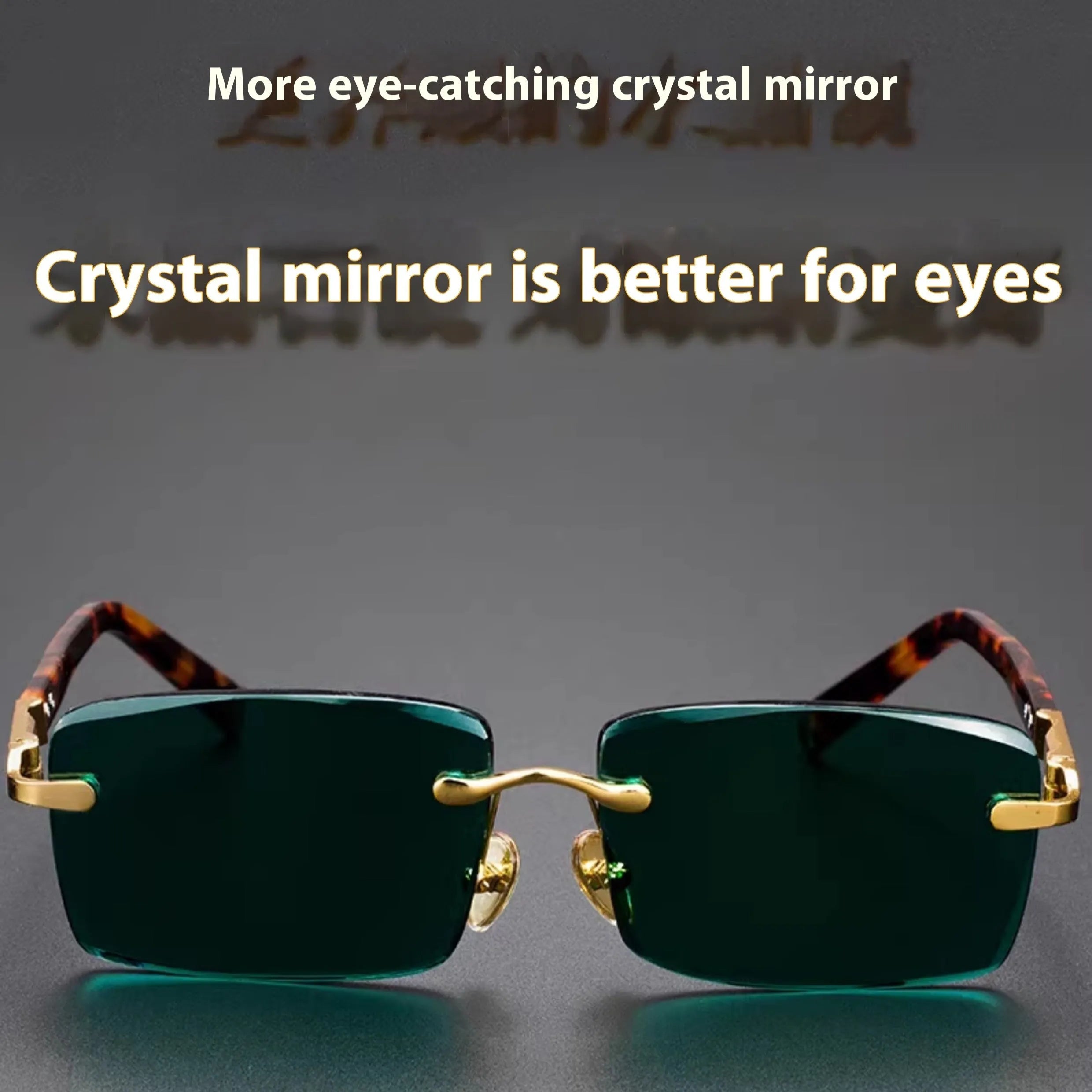 Frameless dark green crystal glasses with sunshade function shown with case and cleaning cloth