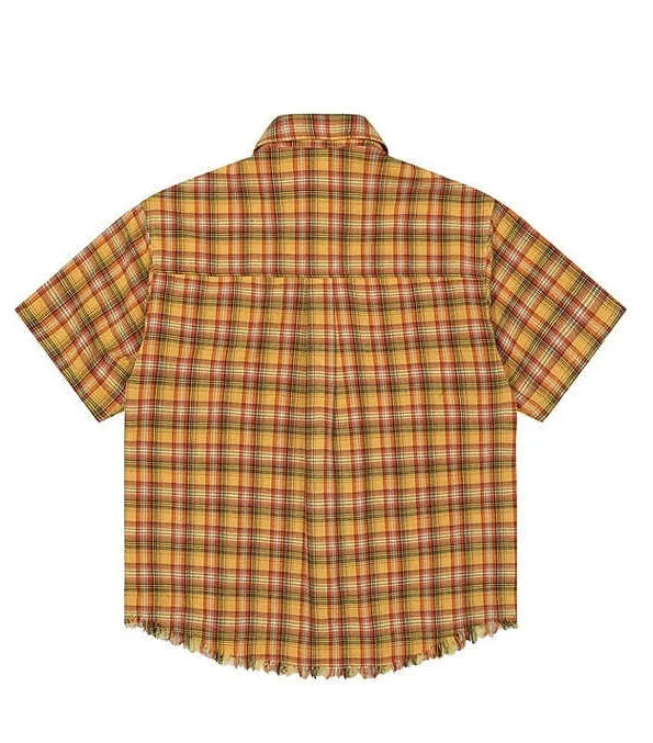 Yellow grid plaid shirt with American embroidery pocket detail and short sleeves