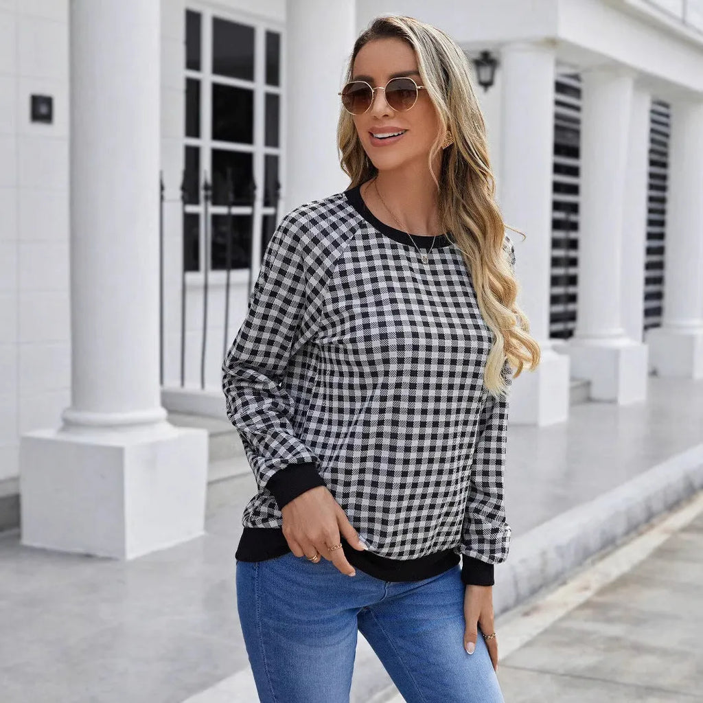 Black plaid pattern long sleeve pullover sweater with printing detail
