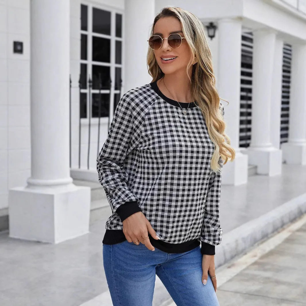 Black plaid pattern long sleeve pullover sweater with printing detail