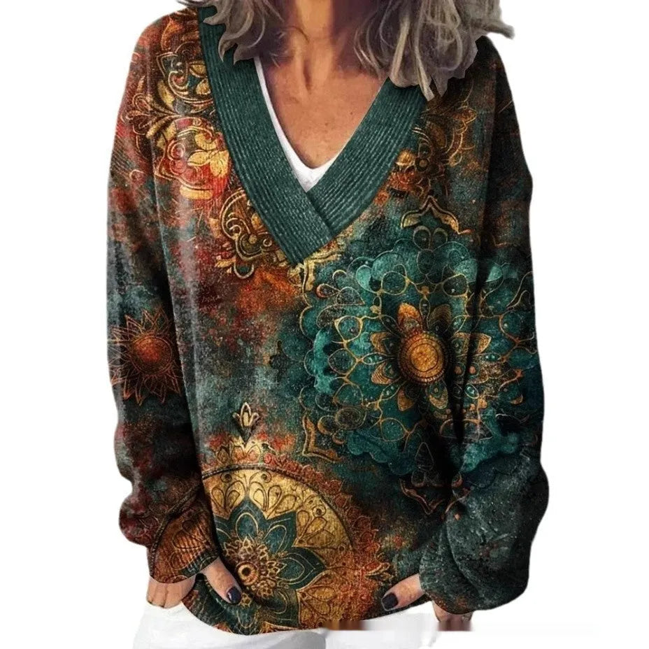 Women's long sleeve floral print sweatshirt with 3D effect in wool woven polyester fabric