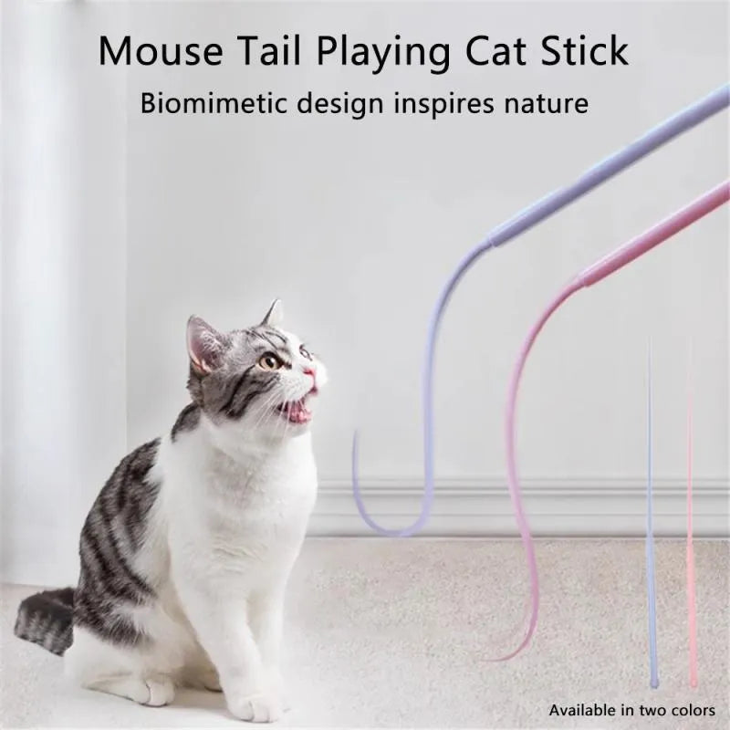 Blue simulated mouse tail cat toy with ABS handle and long silicone tail for interactive pet play