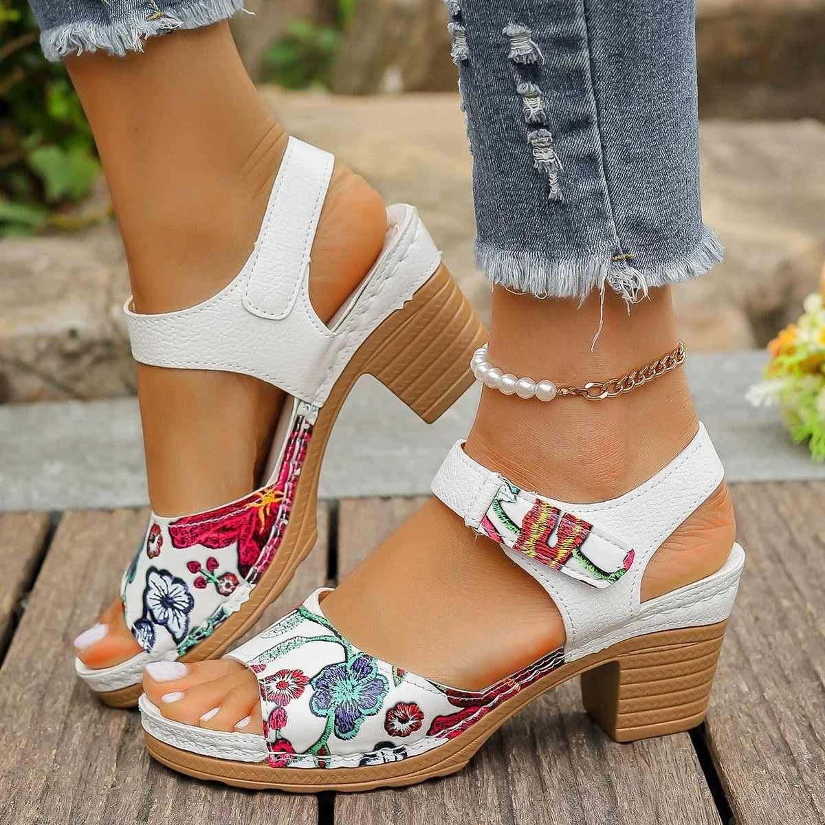 White women's high heel sandals with adjustable Velcro buckle fastening and rubber sole