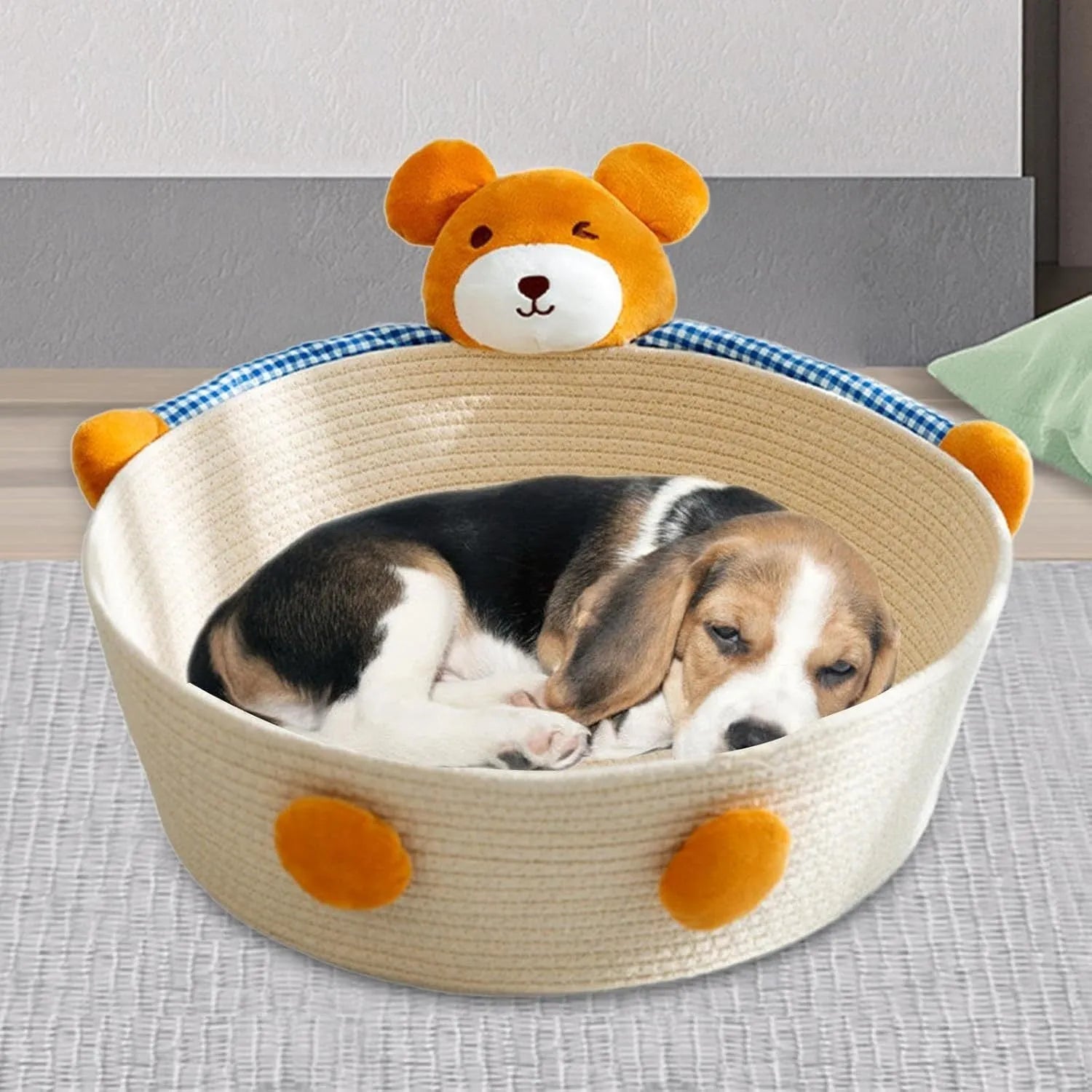 Woven cotton rope cat bed and scratcher basket in bear design, showing textured surface.