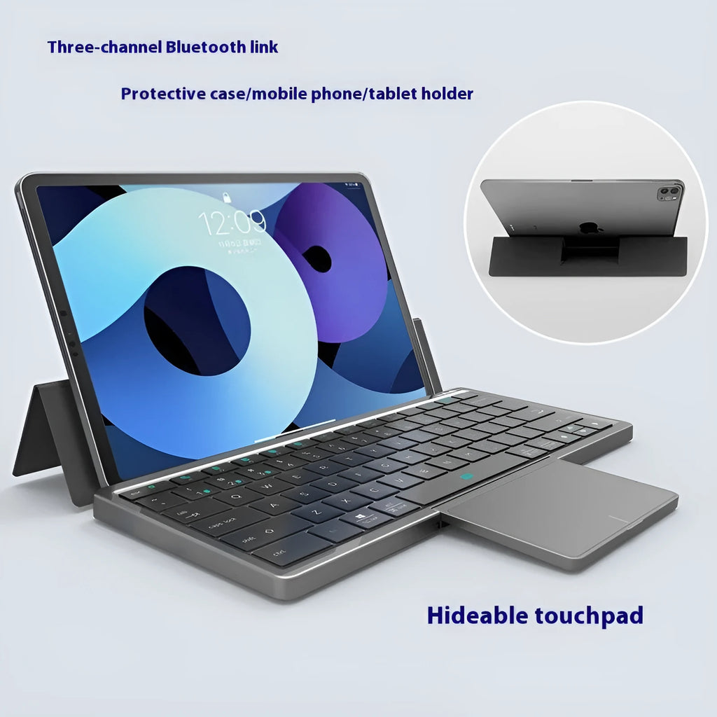 Three-in-one wireless Bluetooth keyboard with touch pad and leather sheath stand for tablets and mobile phones