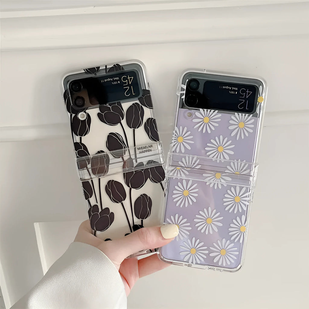 Floral phone case for Samsung Galaxy Z Flip with daisy or tulip patterns on PC material
