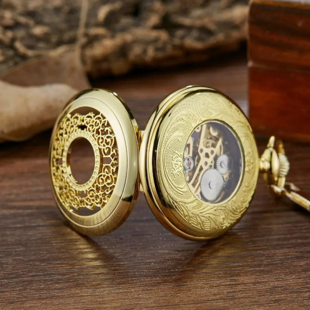 Retro hollow automatic pocket watch with large floral print dial on an alloy strap.