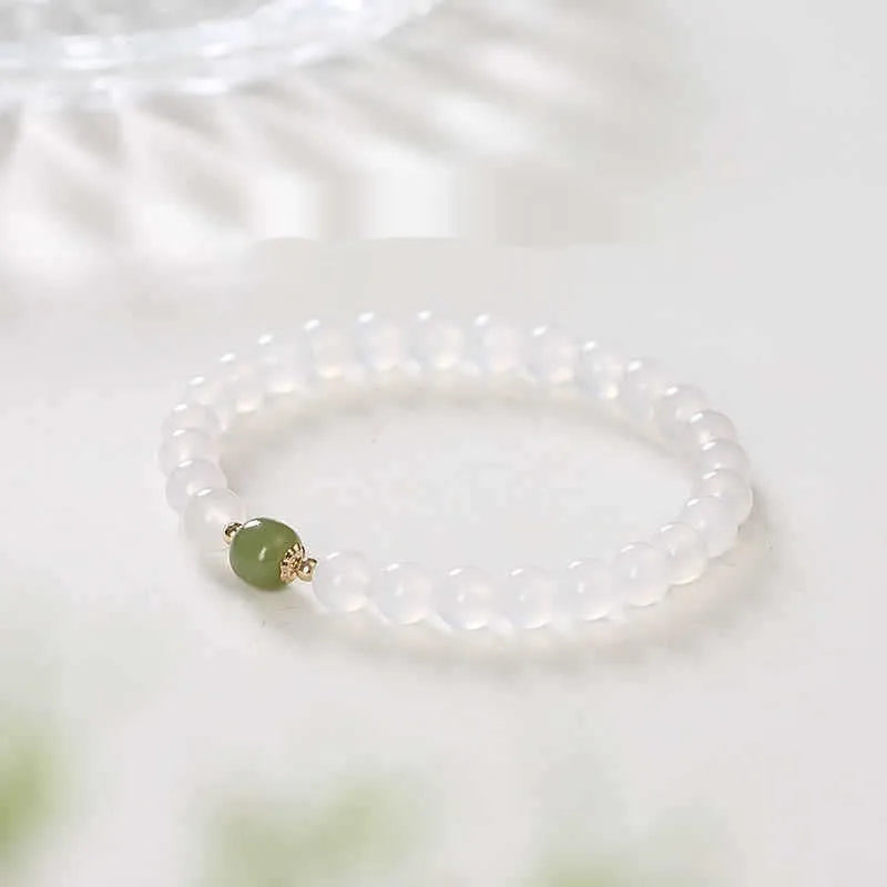 Handmade white agate and Hetian jade bracelet with crystal beads and cinnabar inlay detail