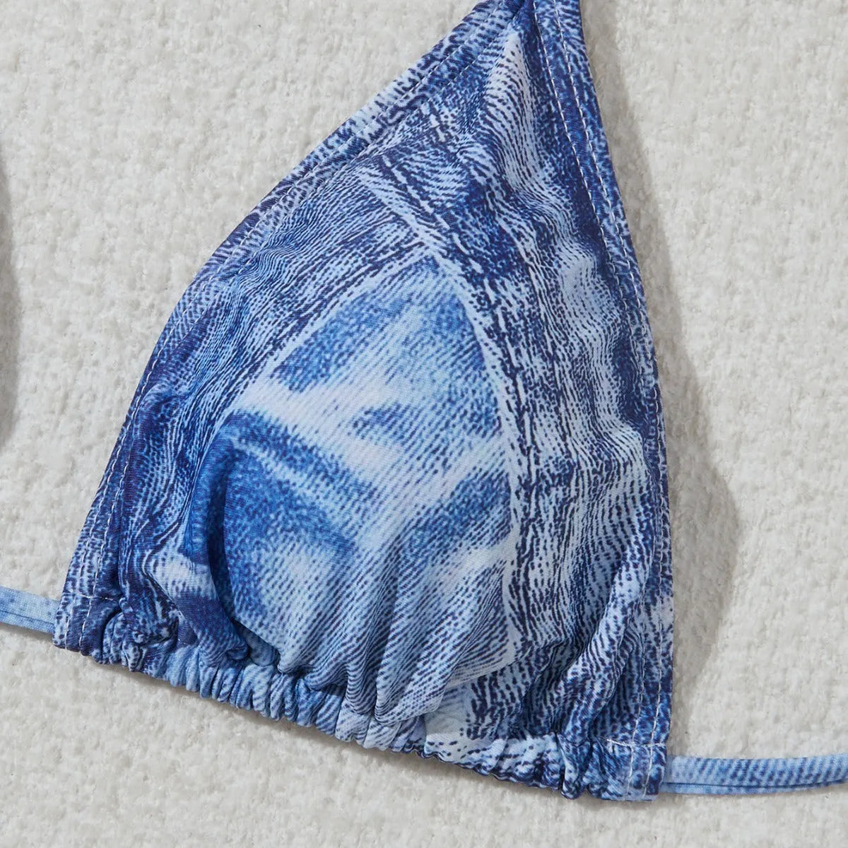Women's denim blue printed bikini set with strap styling and spandex lining