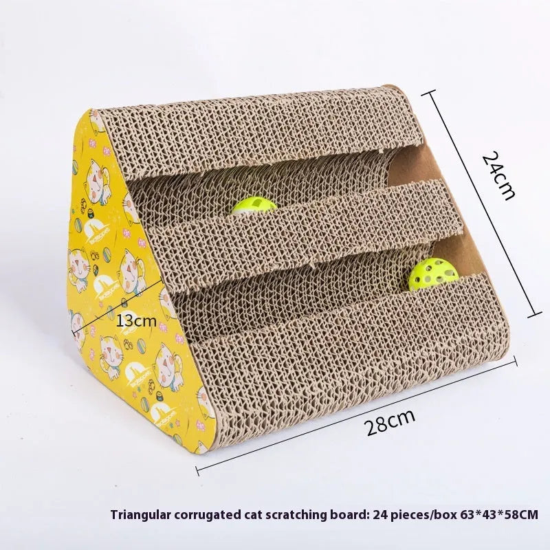Corrugated paper cat scratch board in various geometric shapes including bone and triangle for claw grinding