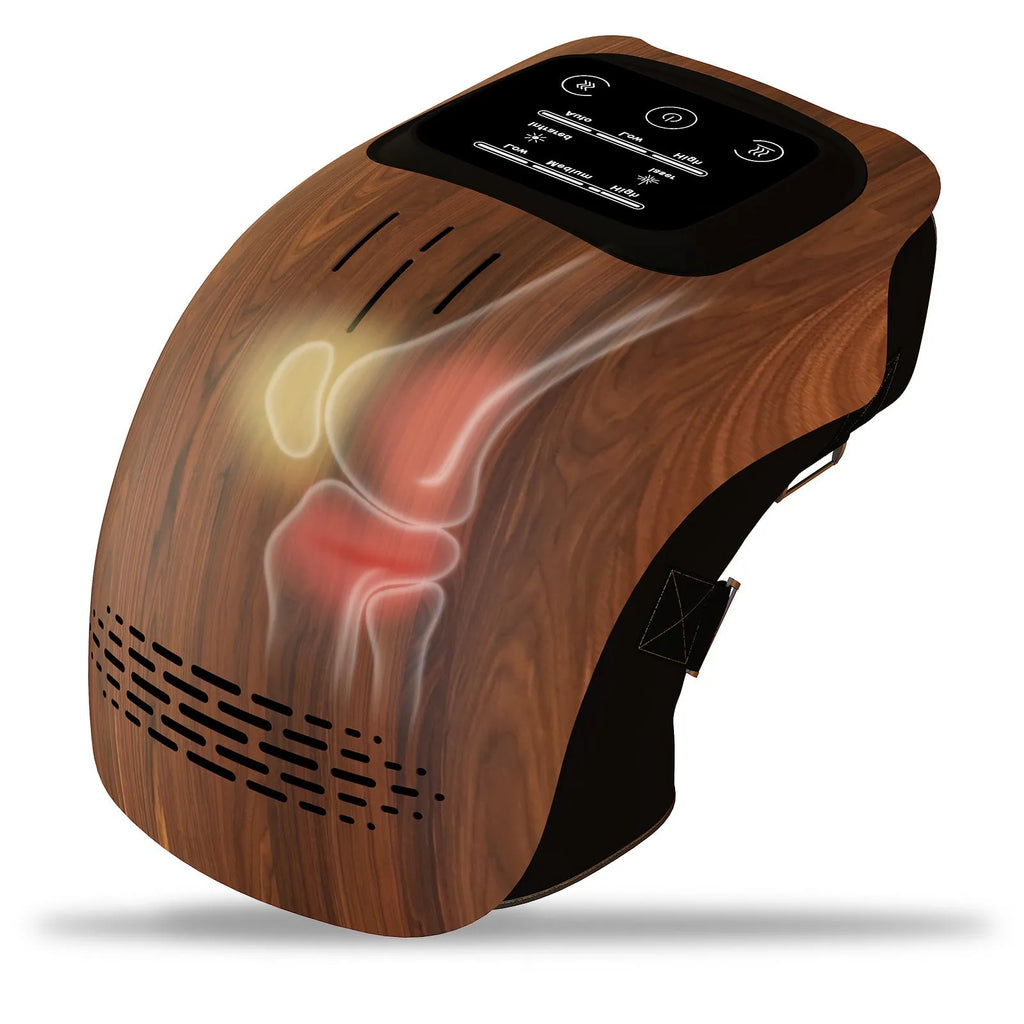 White rechargeable electric knee massager showing wrap design for infrared heat and vibration therapy.