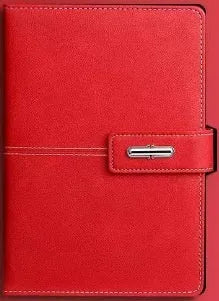 A5 notebook with a PU leather cover, open to show wood-free paper pages.