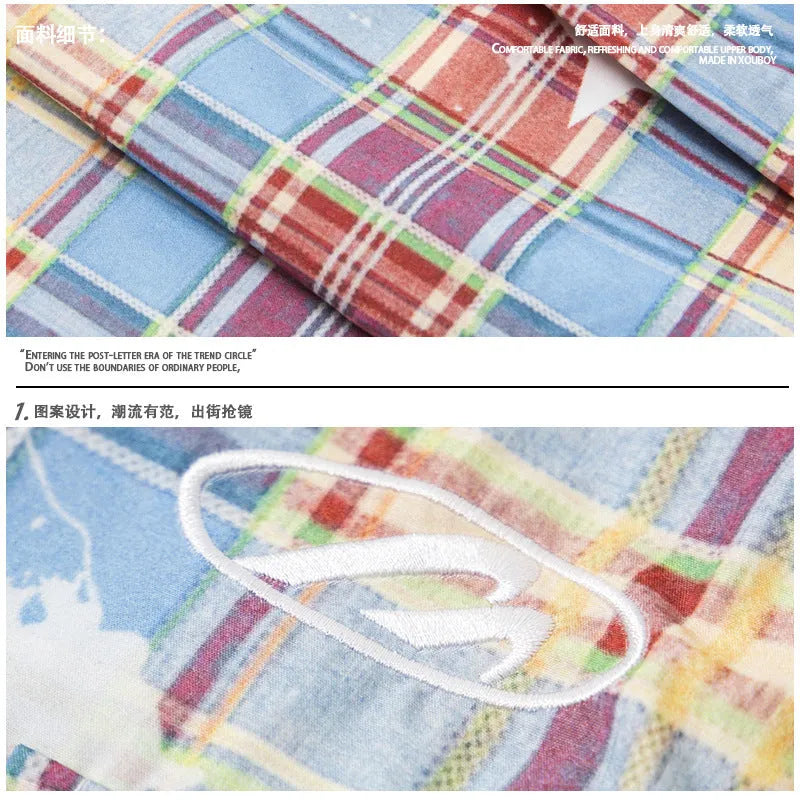 Men's blue and yellow plaid straight leg trousers with retro styling