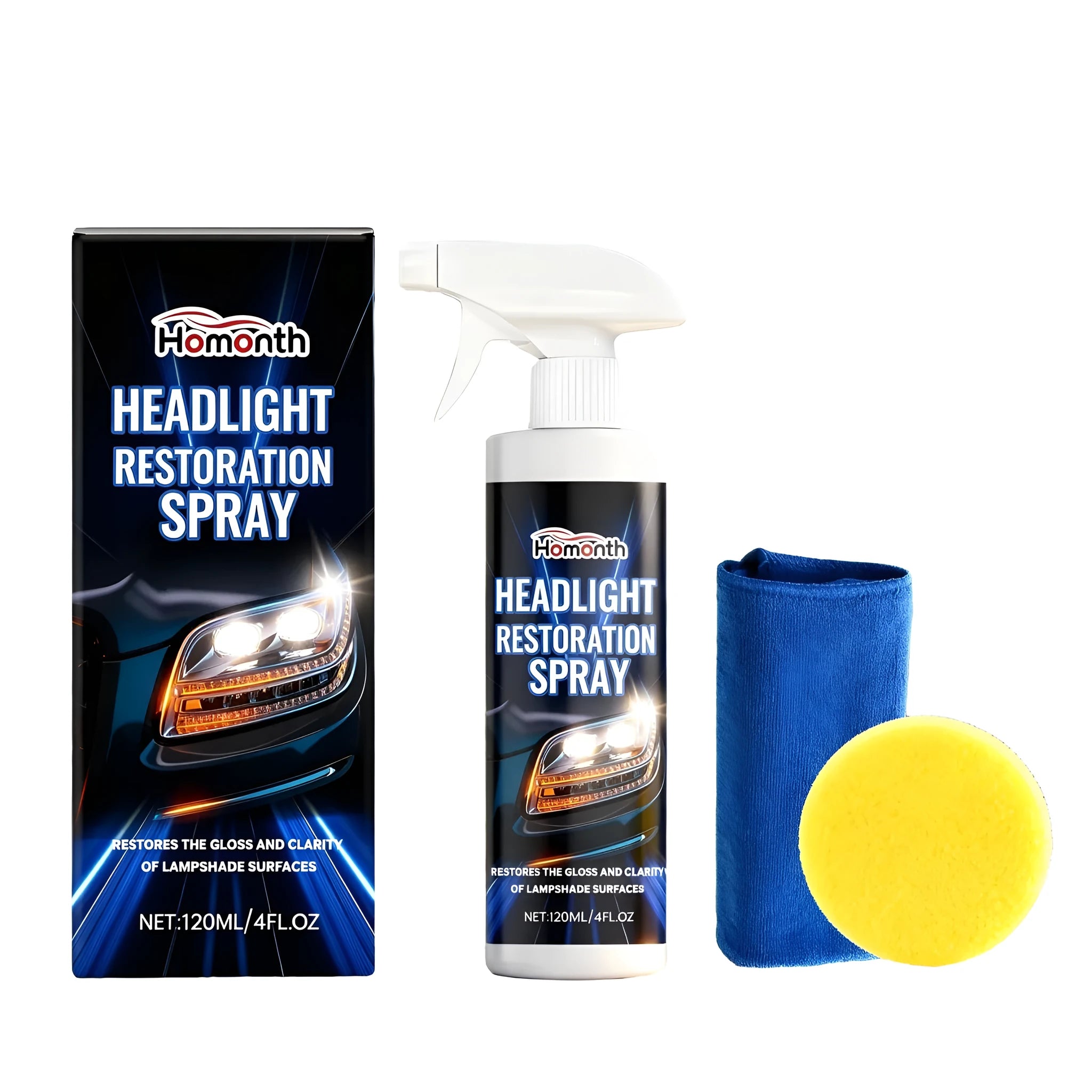 HOMONTH headlight restoration spray kit with 120ml bottle, sponge and towel for car headlight cleaning