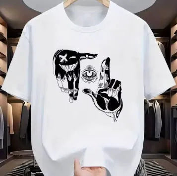 Men's grey casual t-shirt with a colourful digital cartoon print on the front, showcasing the mesh texture of the bird eye cloth fabric.