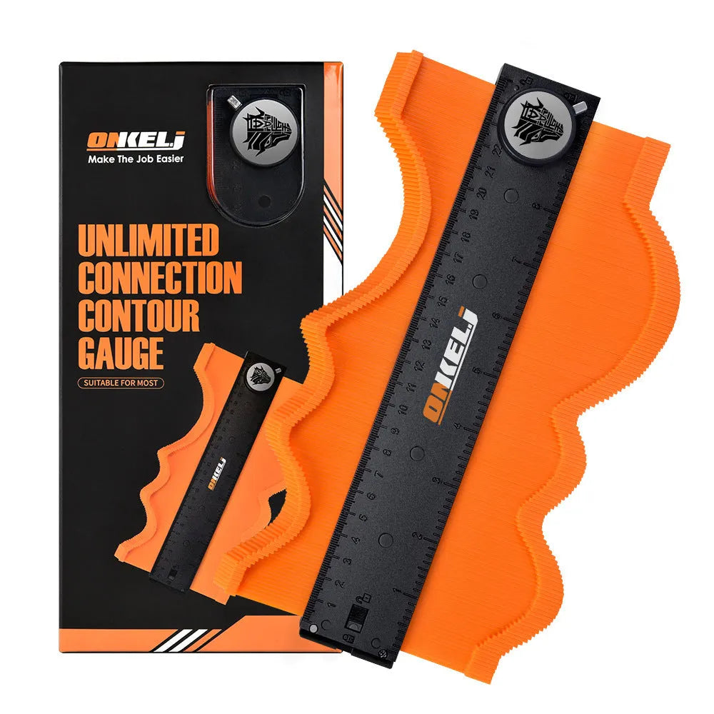 10-inch contour gauge tool with stainless steel pins and belt lock for profile measurement
