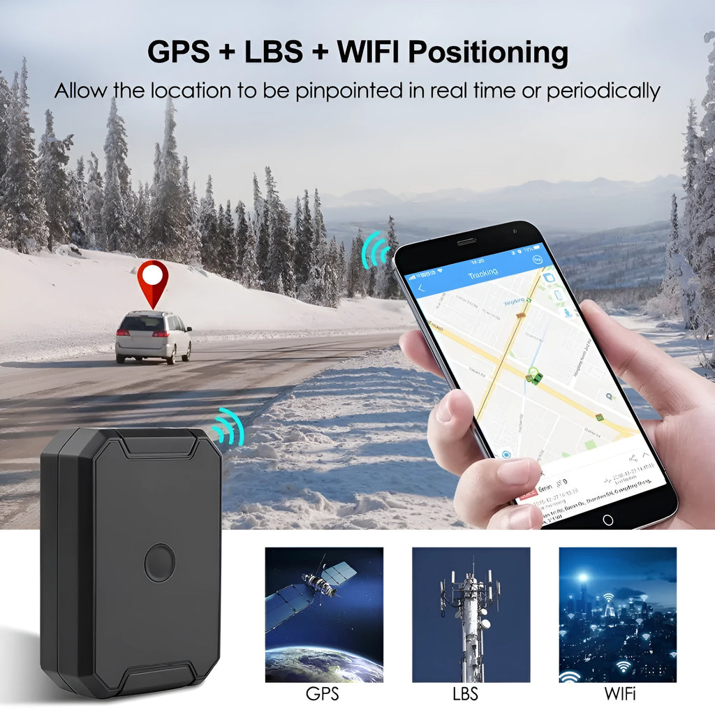 Black car GPS locator device with 6000mAh battery and IP65 rating.