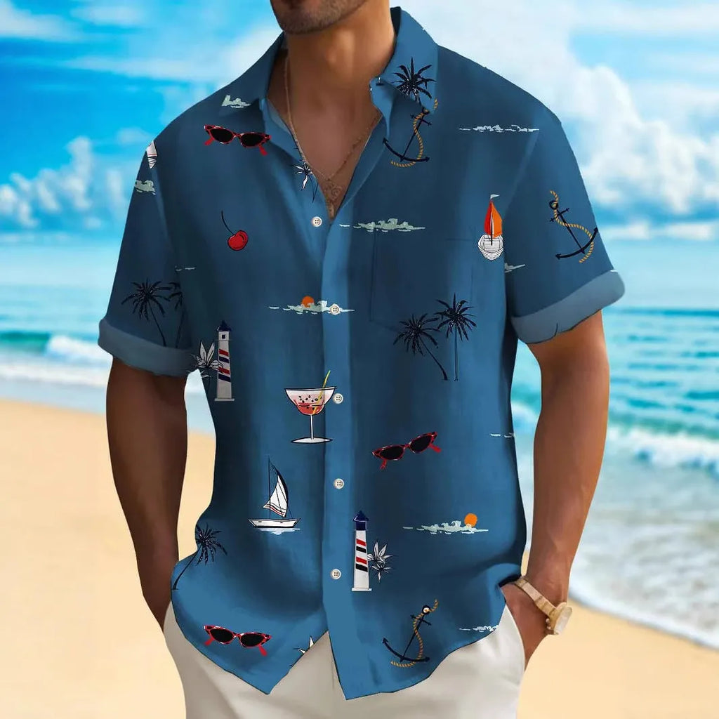 Man wearing a loose fit, short sleeve Hawaiian shirt with a vibrant digital print pattern.
