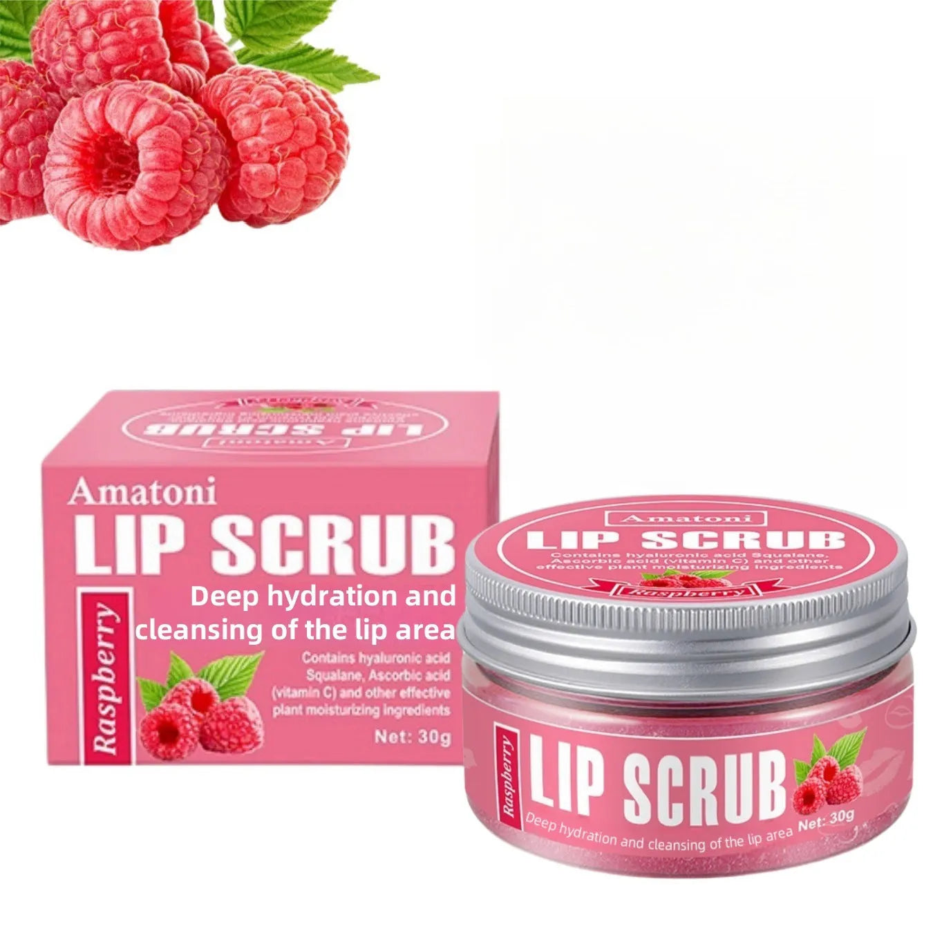 Amatoni 30g pot of fruit flavour lip scrub cream for exfoliating and moisturising lips.