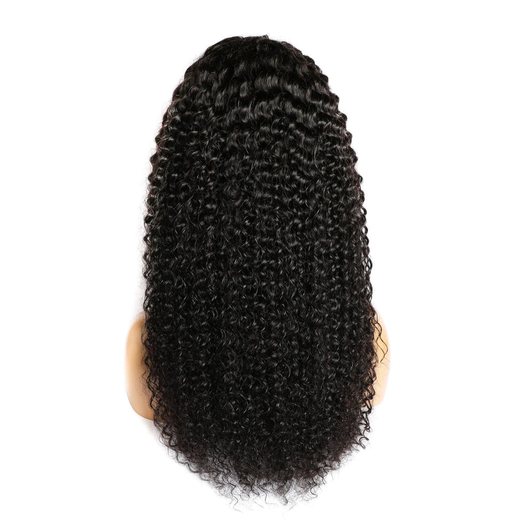 A curly real human hair lace front wig on a stand, showing natural hairline and length options.