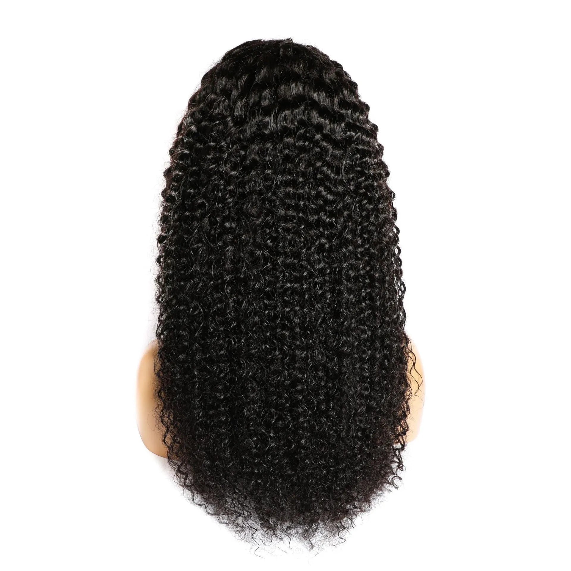 A curly real human hair lace front wig on a stand, showing natural hairline and length options.