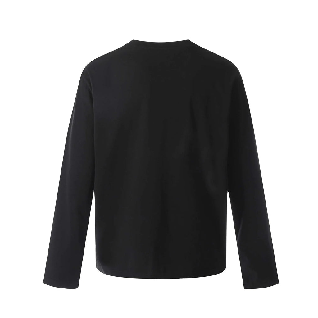 Men's black loose fit long sleeve cotton pullover top showing front view