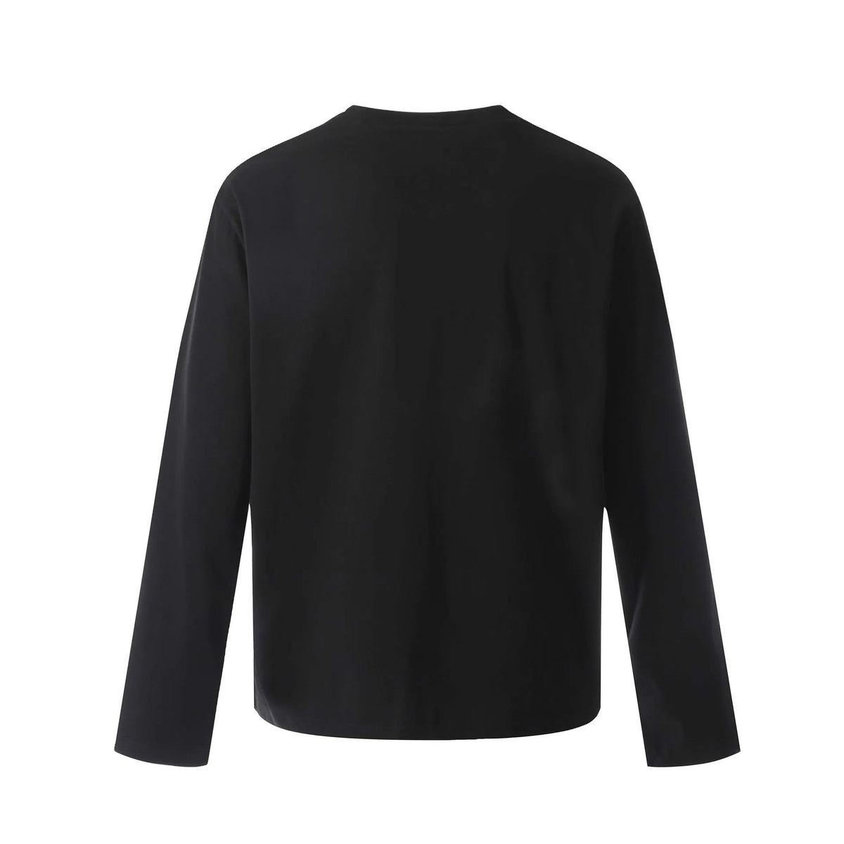 Men's black loose fit long sleeve cotton pullover top showing front view