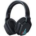 Luminous black wireless over-ear gaming headphones shown with a 3.5mm audio cable and dust bag.