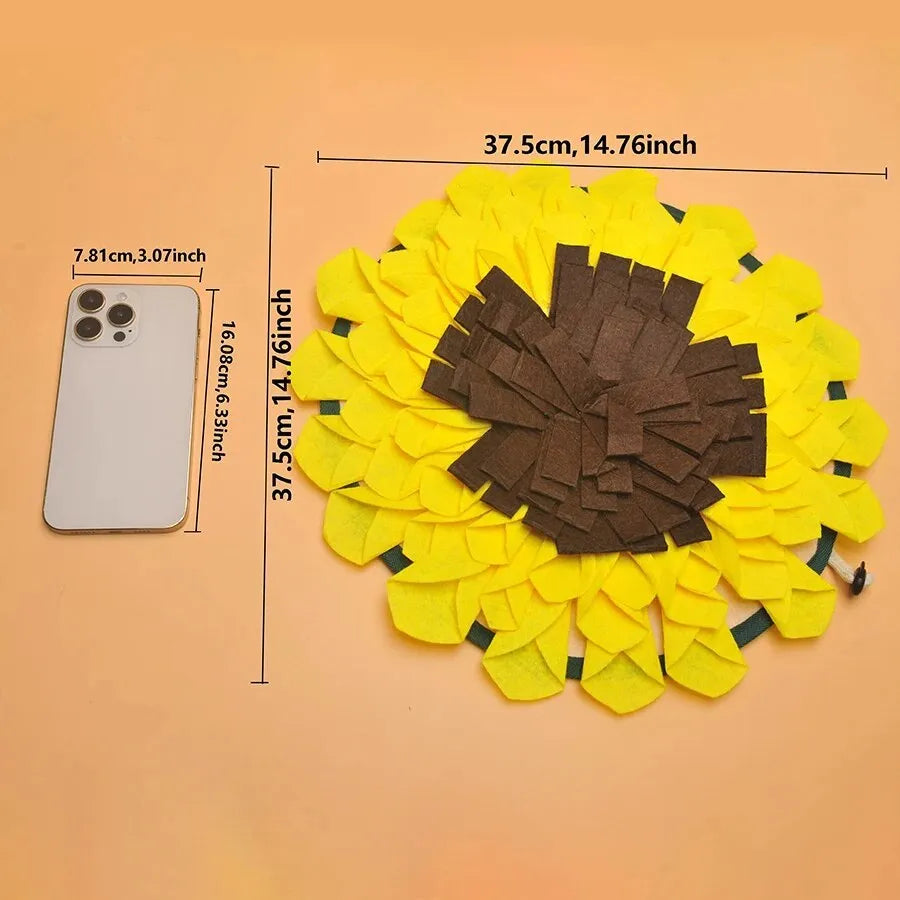Yellow sunflower snuffle mat for dog feeding and nosework training games