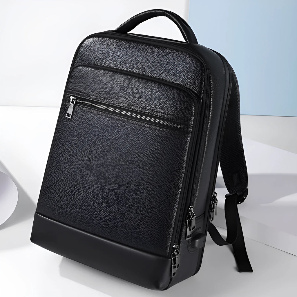 Black genuine leather men's business backpack with curved straps and a professional design.