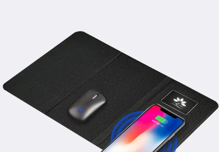 Folding wireless charging mouse pad set showing cloth surface with separate wireless mouse and compact folded size