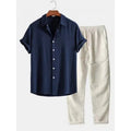Men's casual linen-style suit set with short sleeve shirt and loose fit trousers in multiple colour options