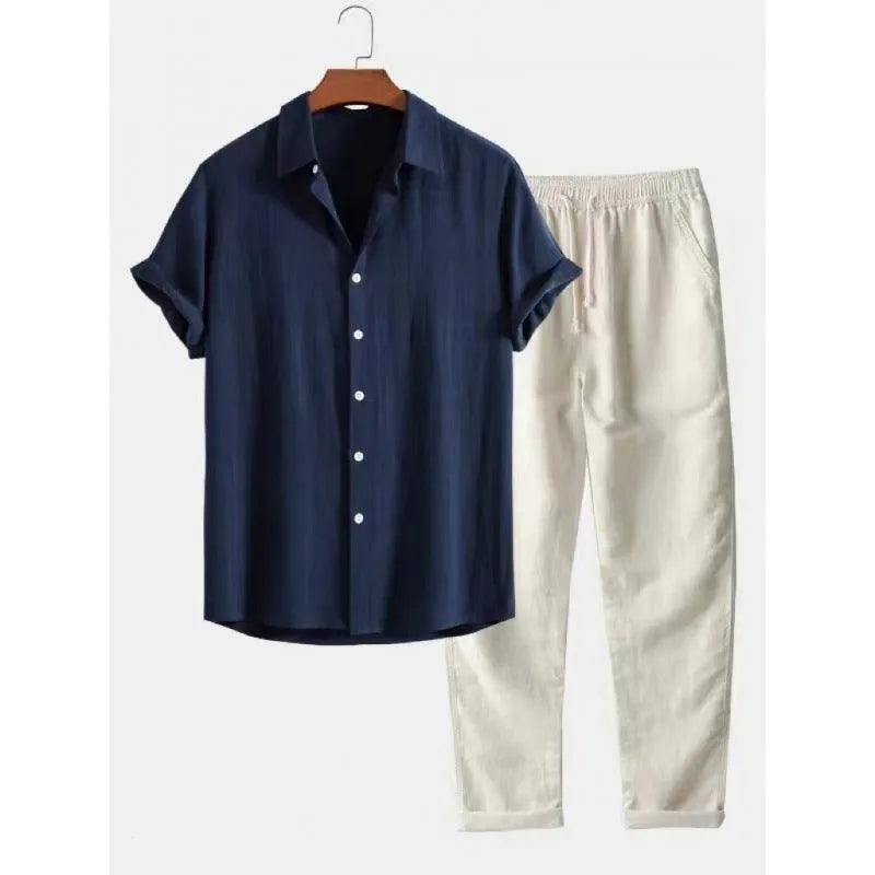 Men's casual linen-style suit set with short sleeve shirt and loose fit trousers in multiple colour options