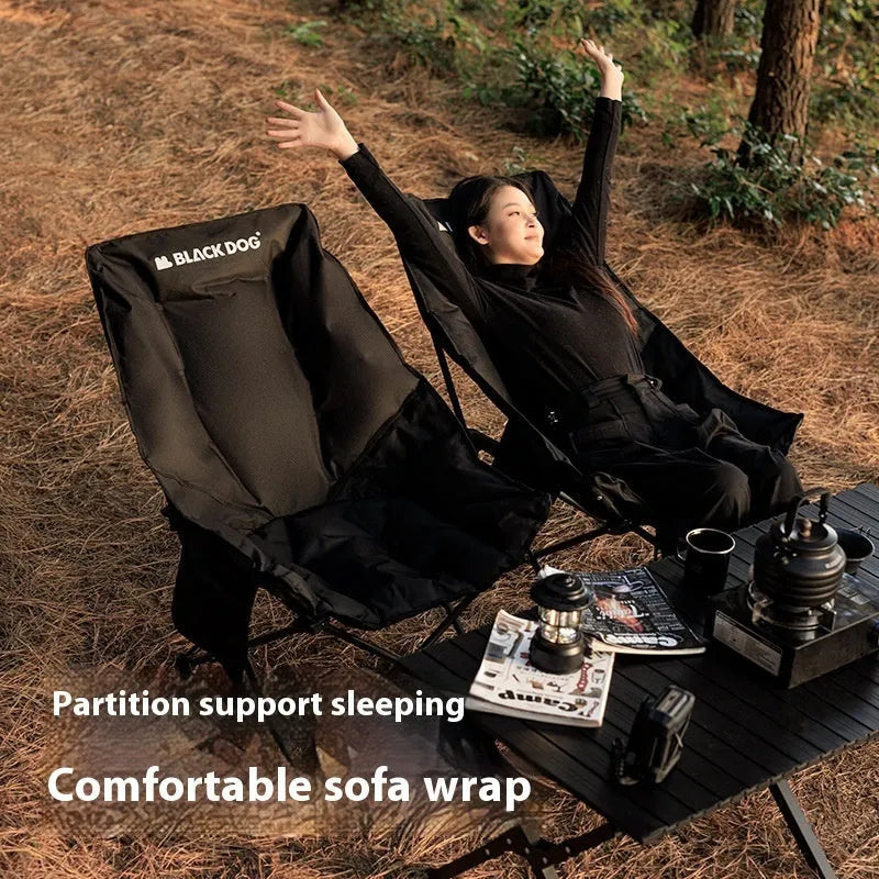 Night black Oxford cloth folding moon chair with thickened padding shown in folded and open positions
