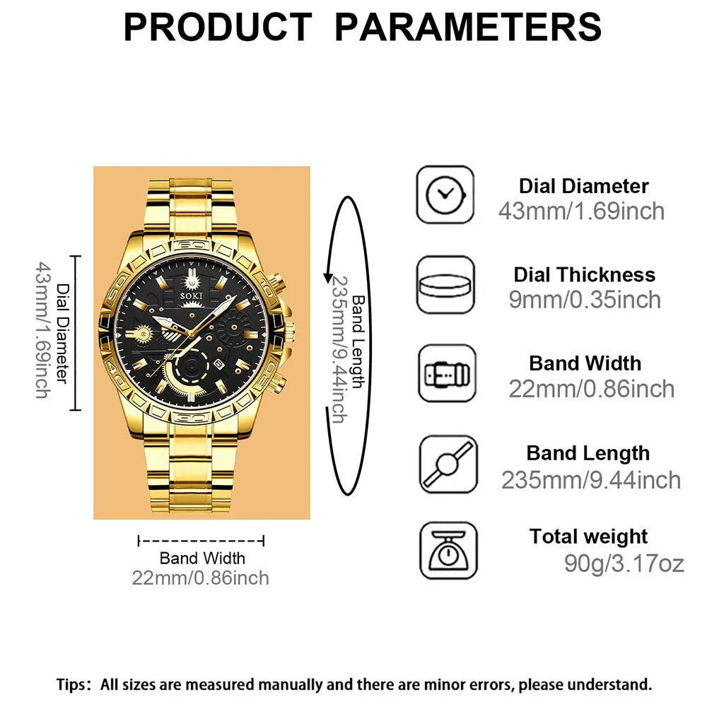 Men's gold-tone quartz watch with stainless steel bracelet and calendar display