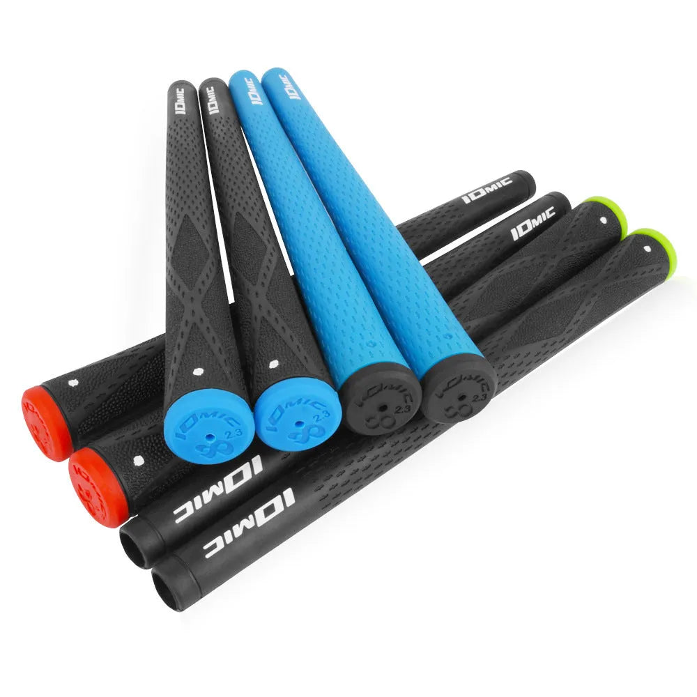 TPE material golf club grip shown in various colour options including pink, red, blue, and two-tone black.