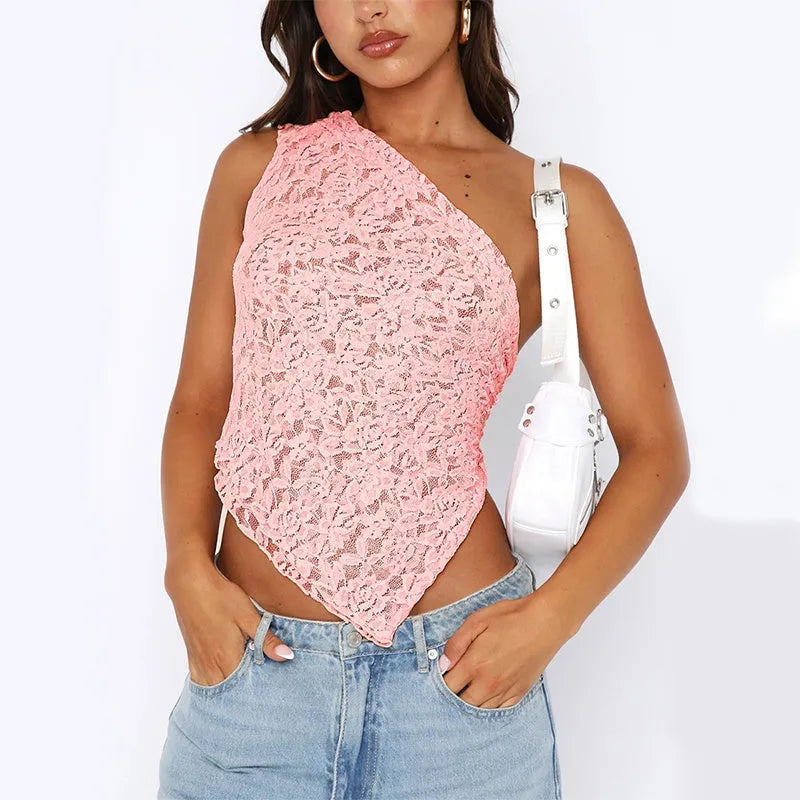 Women's lace backless top with asymmetrical neckline in solid colour