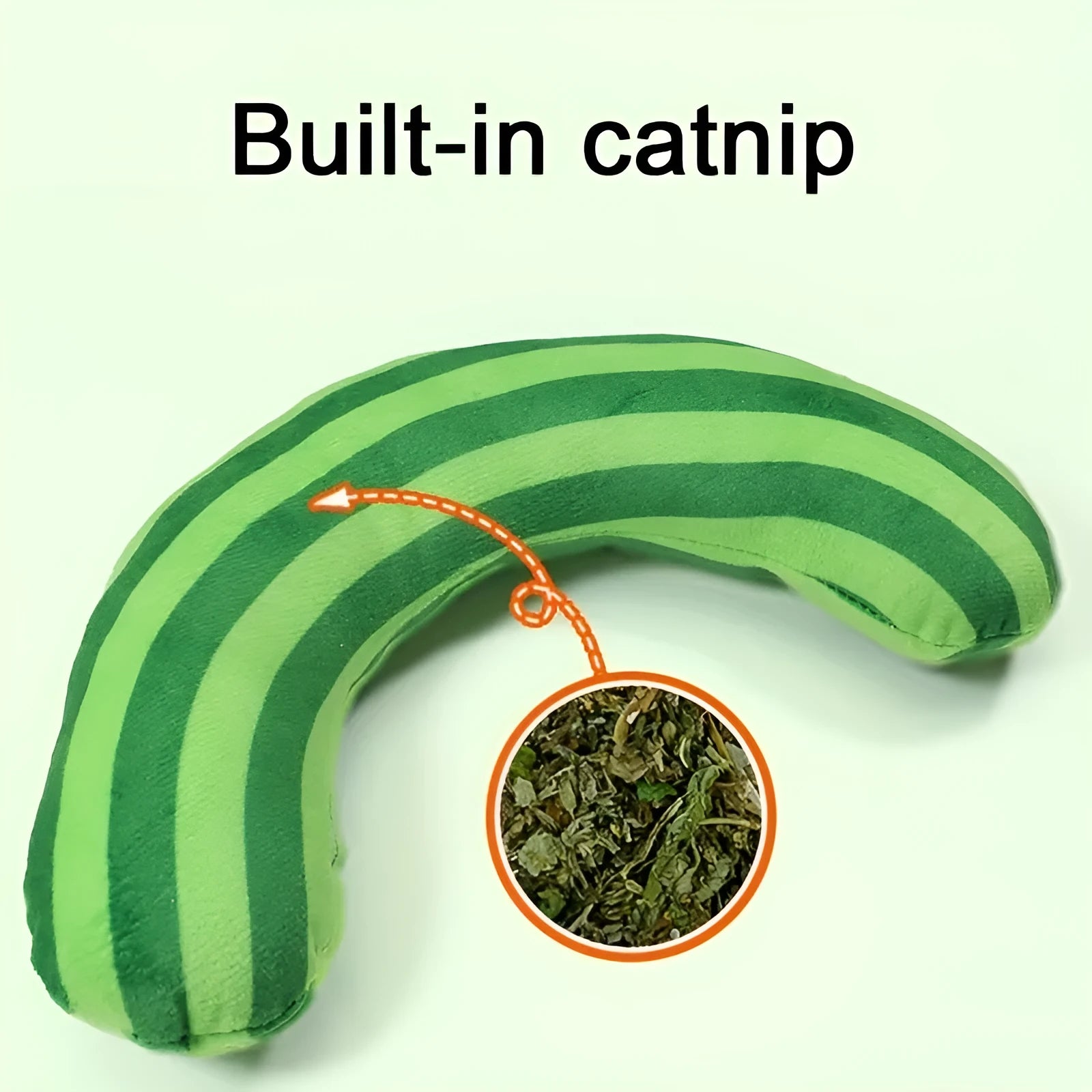 Striped pattern cat pillow toy with noise features and catnip strip in green colour